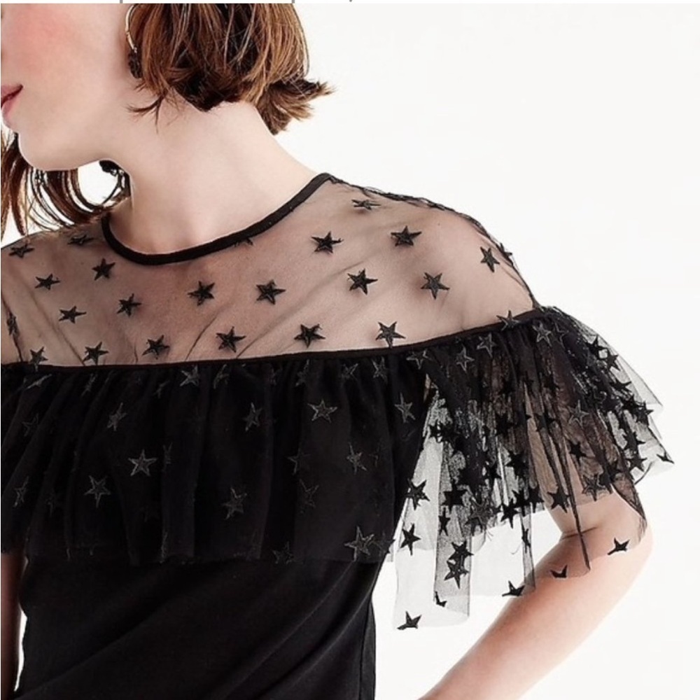 J. Crew Black Starry Tulle Mesh Bell Short Sleeve Blouse Star Top